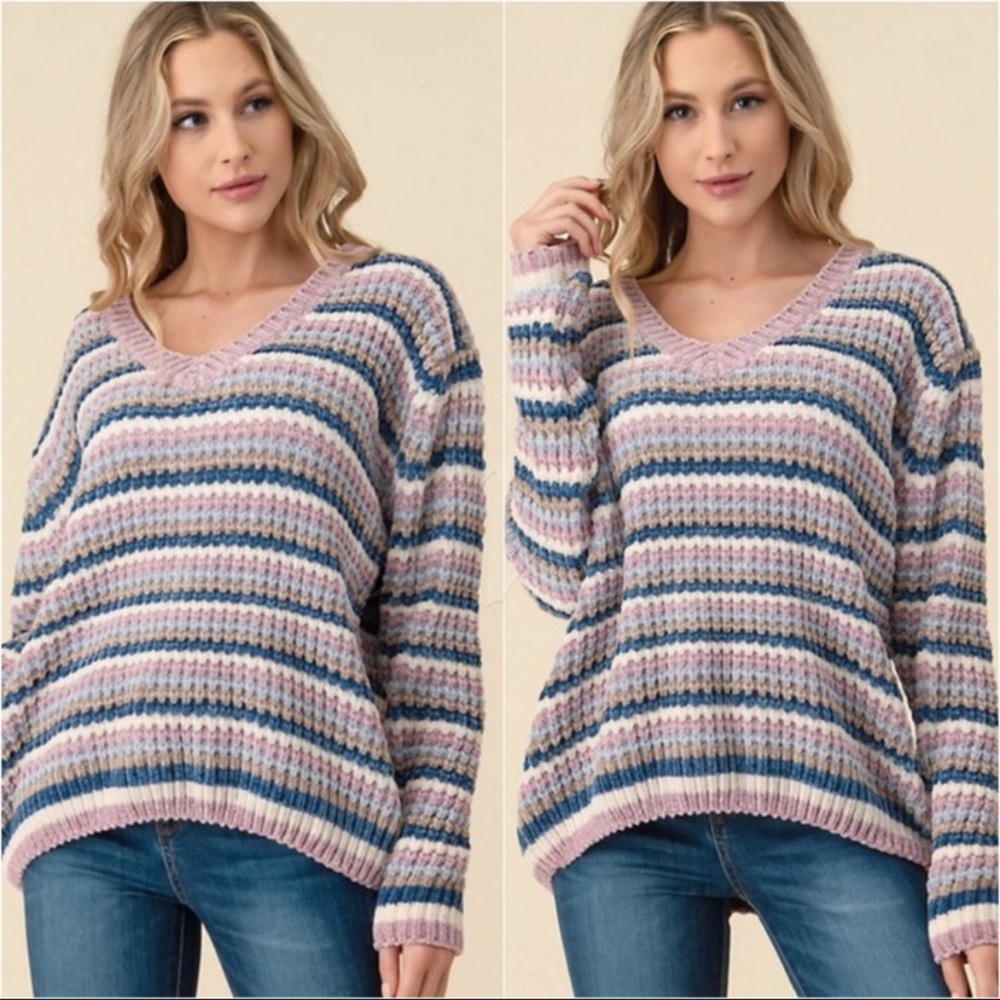 Striped ultra soft v-neck sweater.